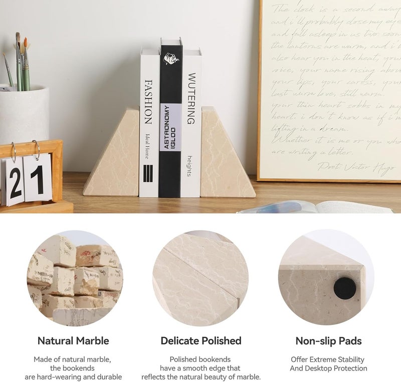 karibiber Marble Bookends for Heavy Books, Decorative Book Ends for Shelves, Durable and Heavy-Duty Stone Bookends for Hardback Book & CDS, Unique Book Stopper & Holder, New Jura Beige-Vein, Set of 2 - Image 2